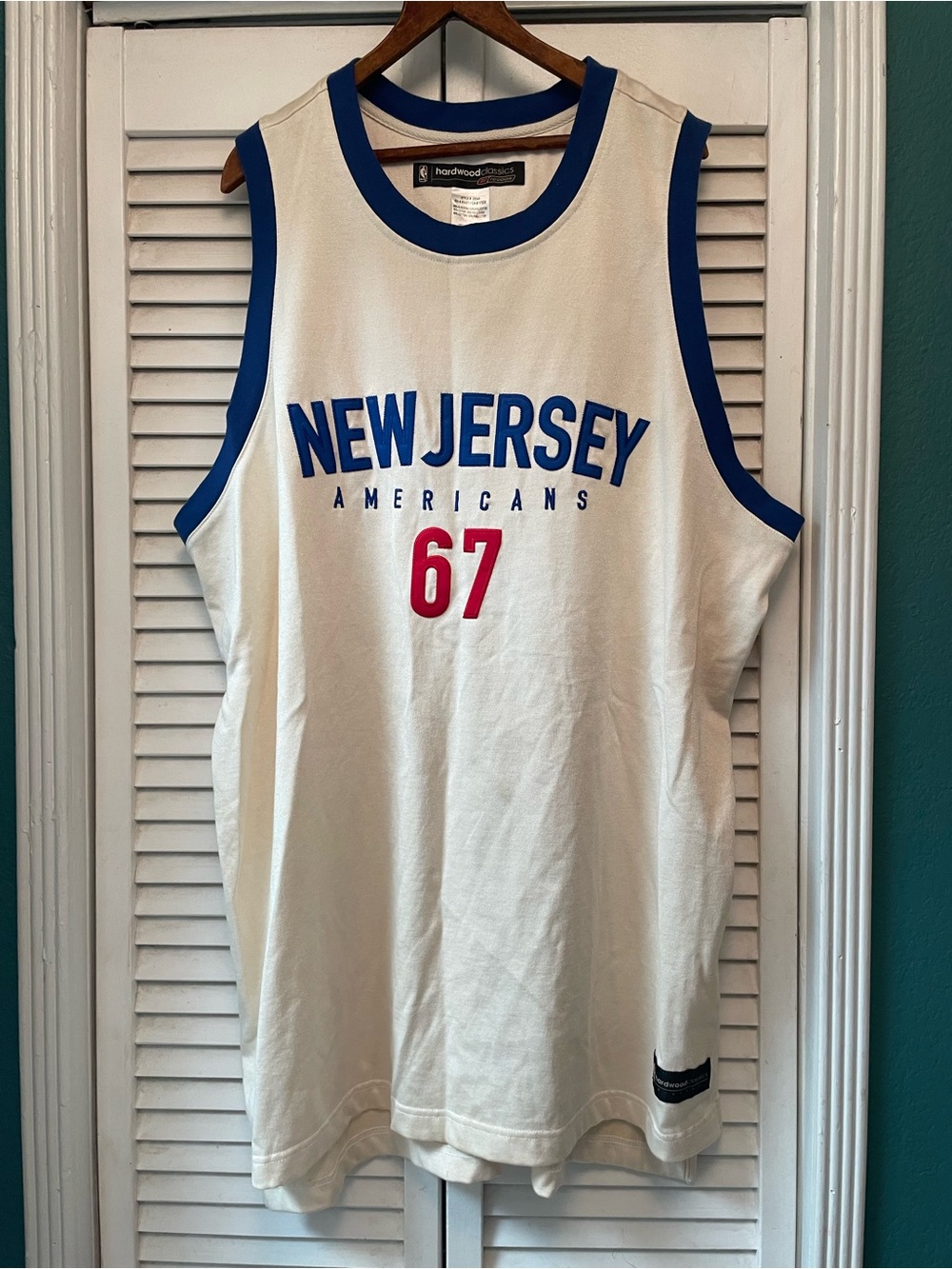 NBA New Jersey Americans Cream Tank Top with Blue Trim and Red Number 67
